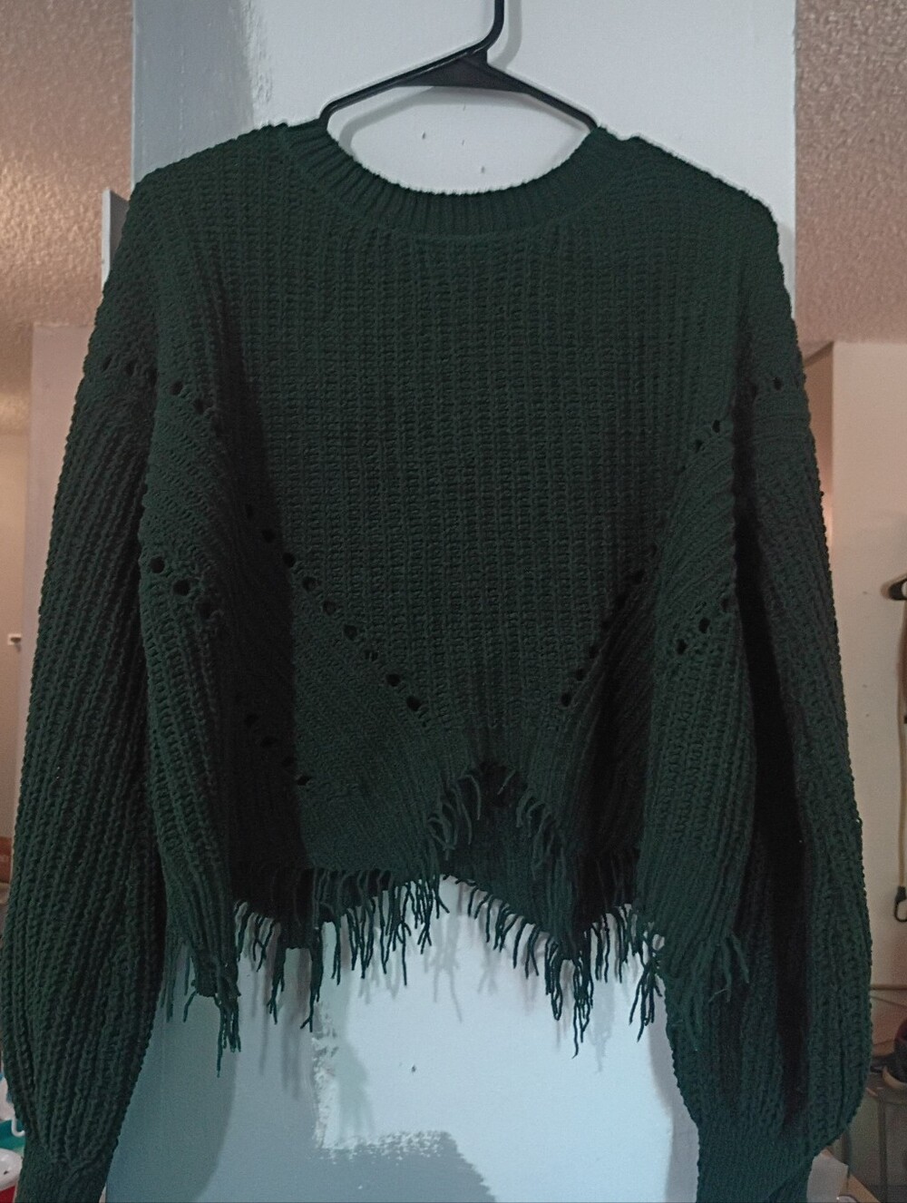No Boundaries Dark Green Fringe Crewneck Sweater
